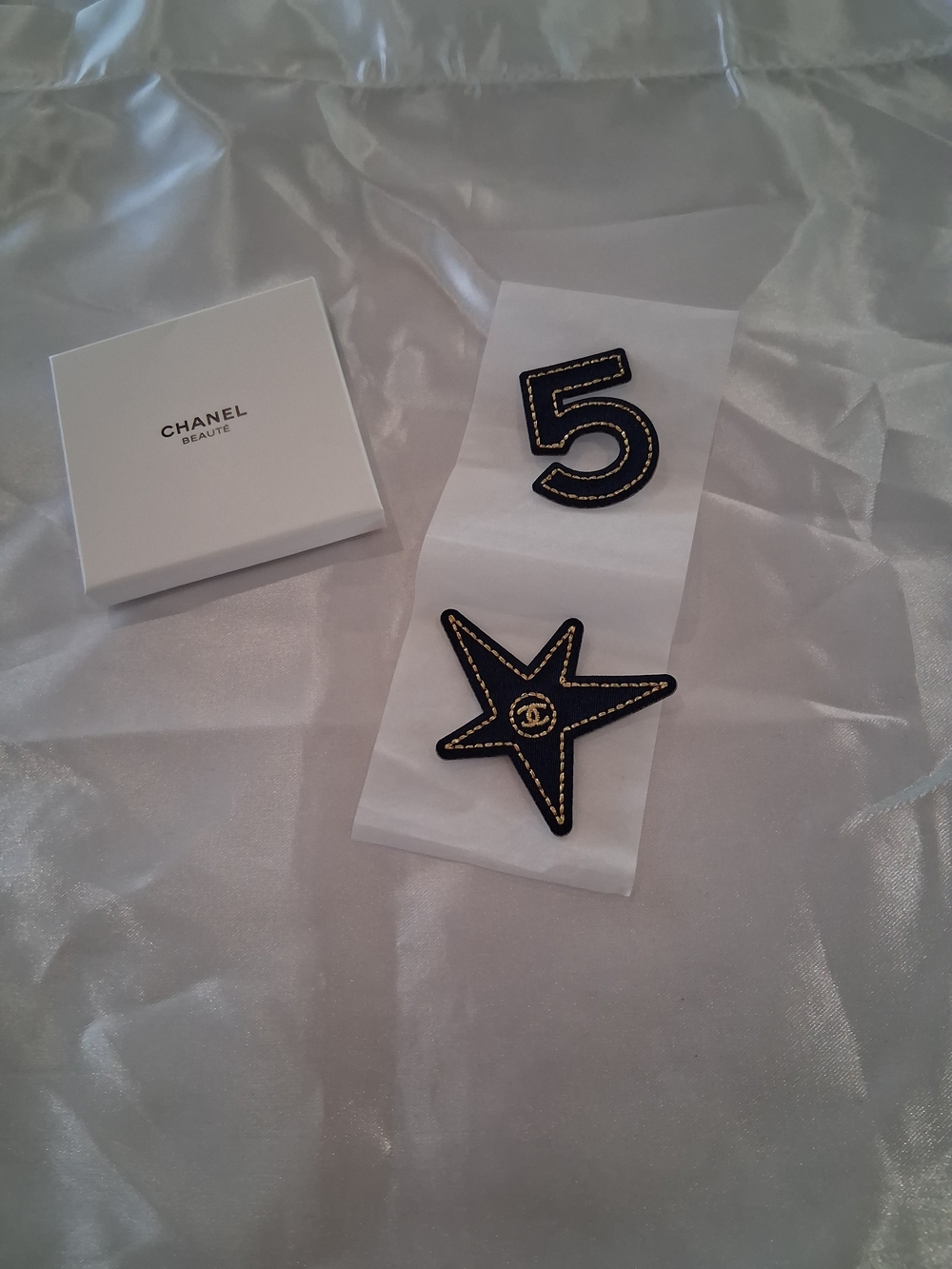 CHANEL VIP/GWP Navy Blue and Gold Number '5' and Star Embroidered Patch Set